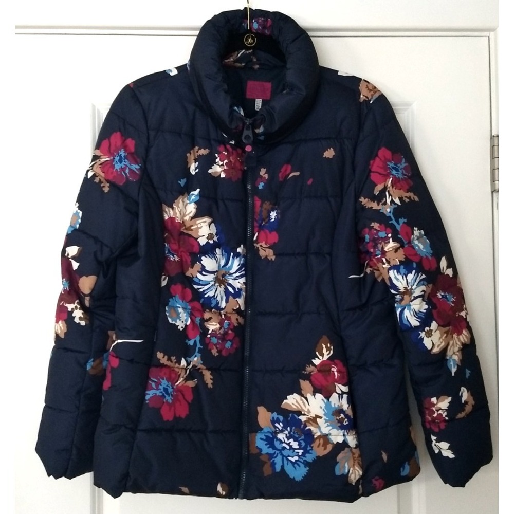Joules Quilted Puffer Women's US 10 Navy Blue Floral Logo Full Zip Pockets